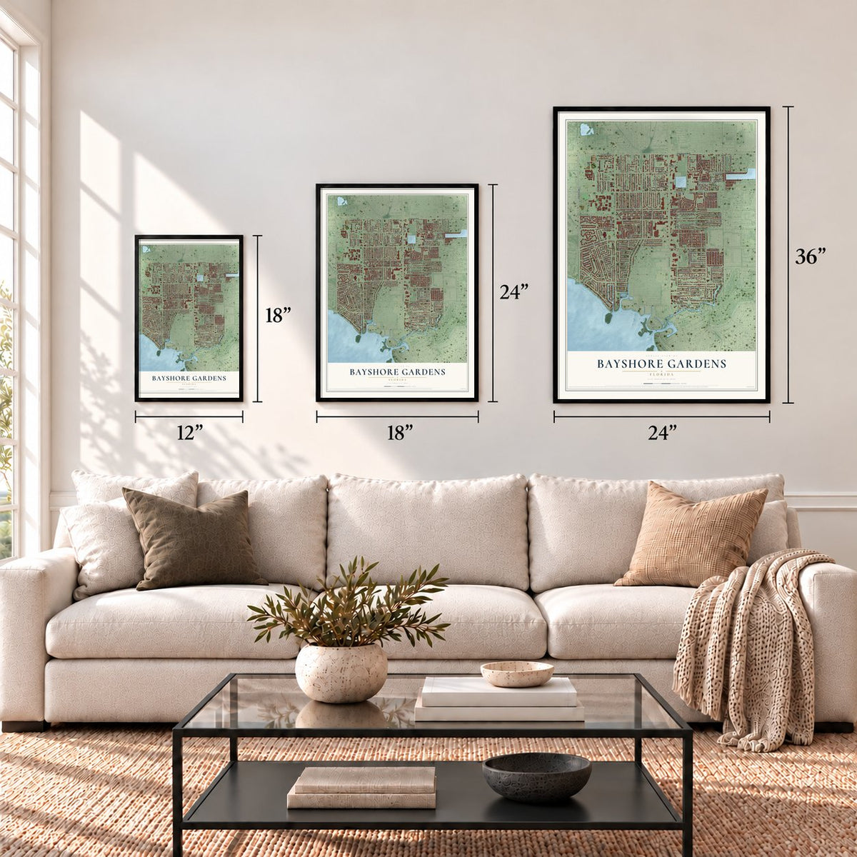 Bayshore Gardens, Florida map in 12 x 18, 18 x 24 and 24 x 36 inch sizes above a sofa