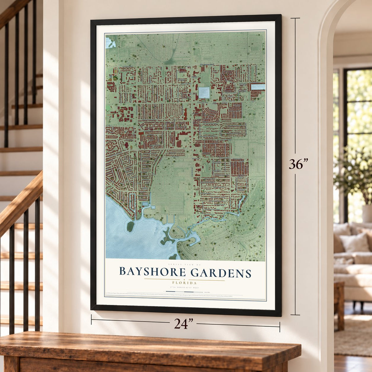 Bayshore Gardens, Florida map, 24 x 36 inch print in a black frame by a staircase