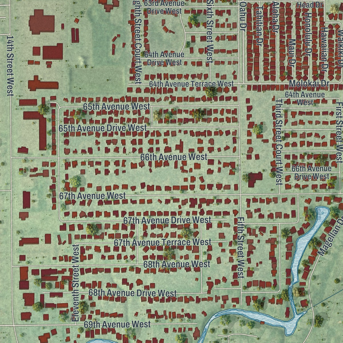 Close-up of the map of Bayshore Gardens, Florida print showing street and building detail