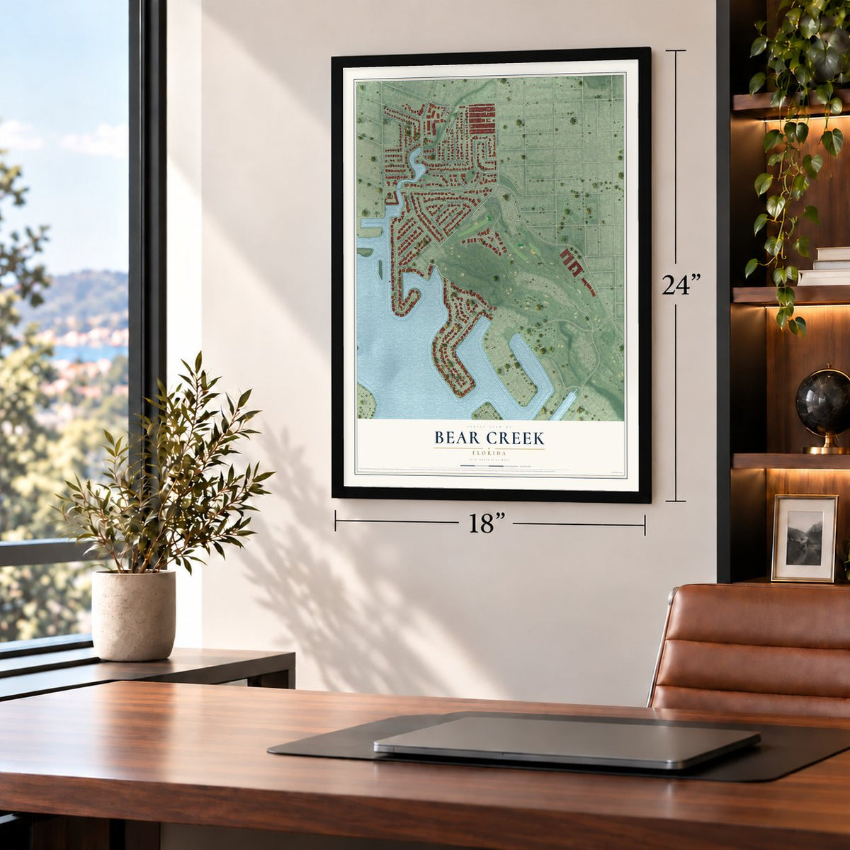 Bear Creek, Florida map, 18 x 24 inch print in a black frame in a home office
