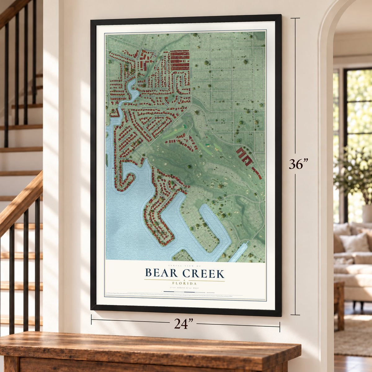 Bear Creek, Florida map, 24 x 36 inch print in a black frame by a staircase