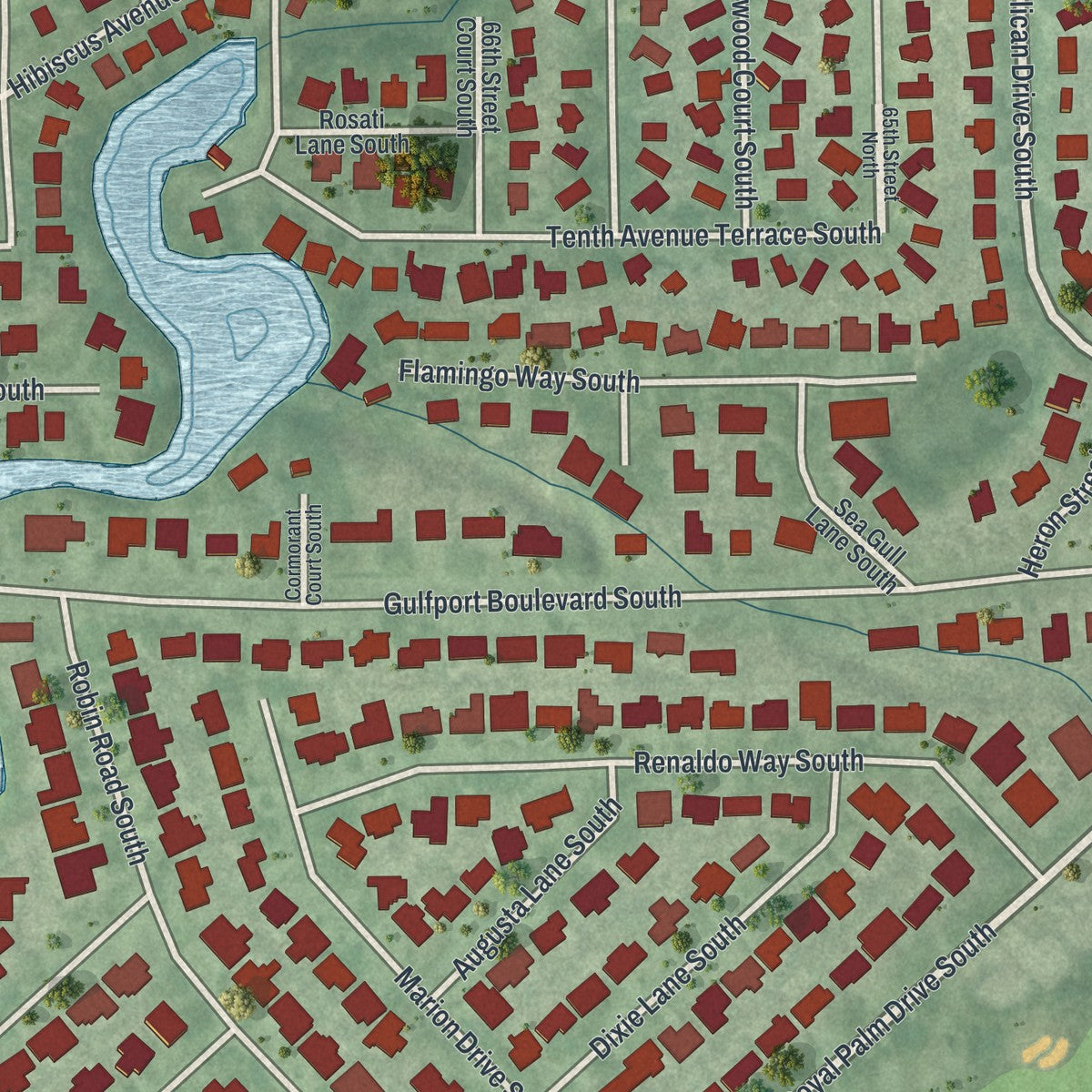 Close-up of the map of Bear Creek, Florida print showing street and building detail