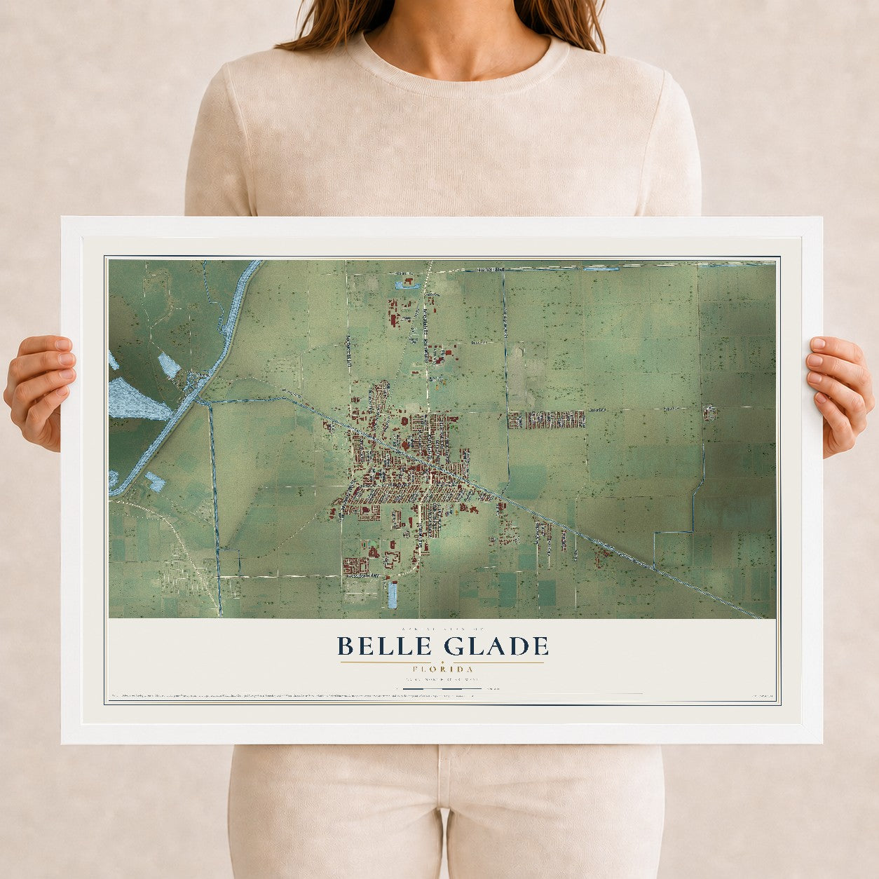 Belle Glade, Florida map print, 12" x 18" W/ White Ayous Wood Frame mockup