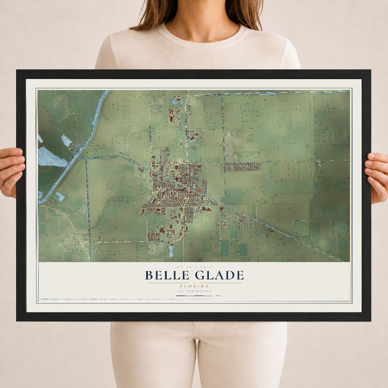 Belle Glade, Florida map print, 18" x 24" W/ Black Ayous Wood Frame mockup