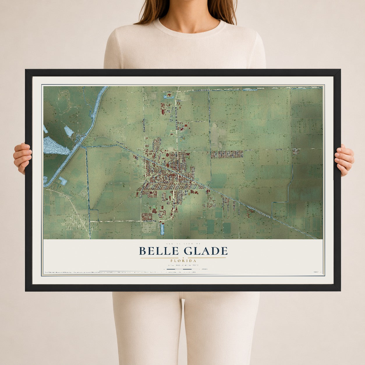 Belle Glade, Florida map print, 24" x 36" W/ Black Ayous Wood Frame mockup
