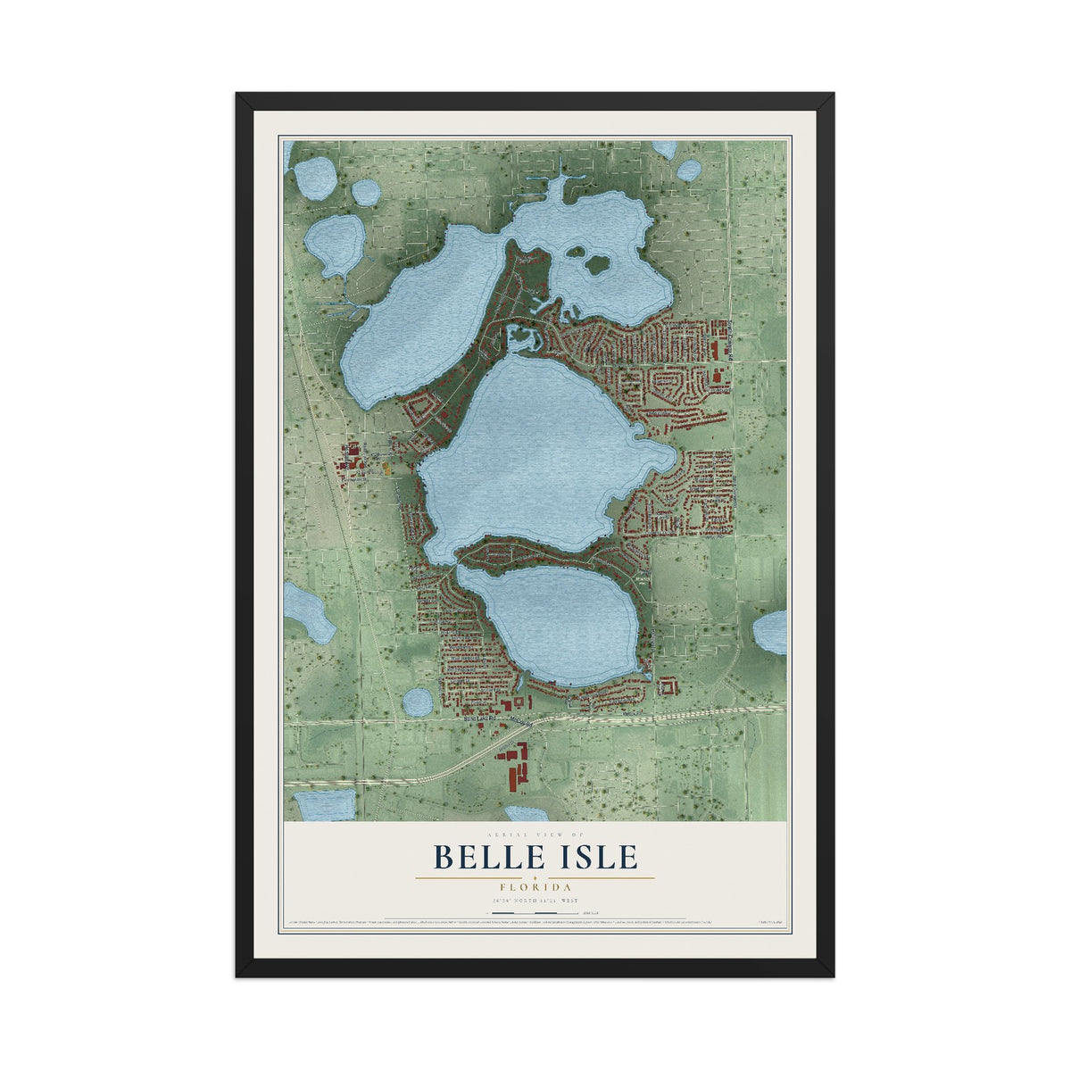 Belle Isle, Florida map print, 12" x 18" W/ Black Ayous Wood Frame mockup
