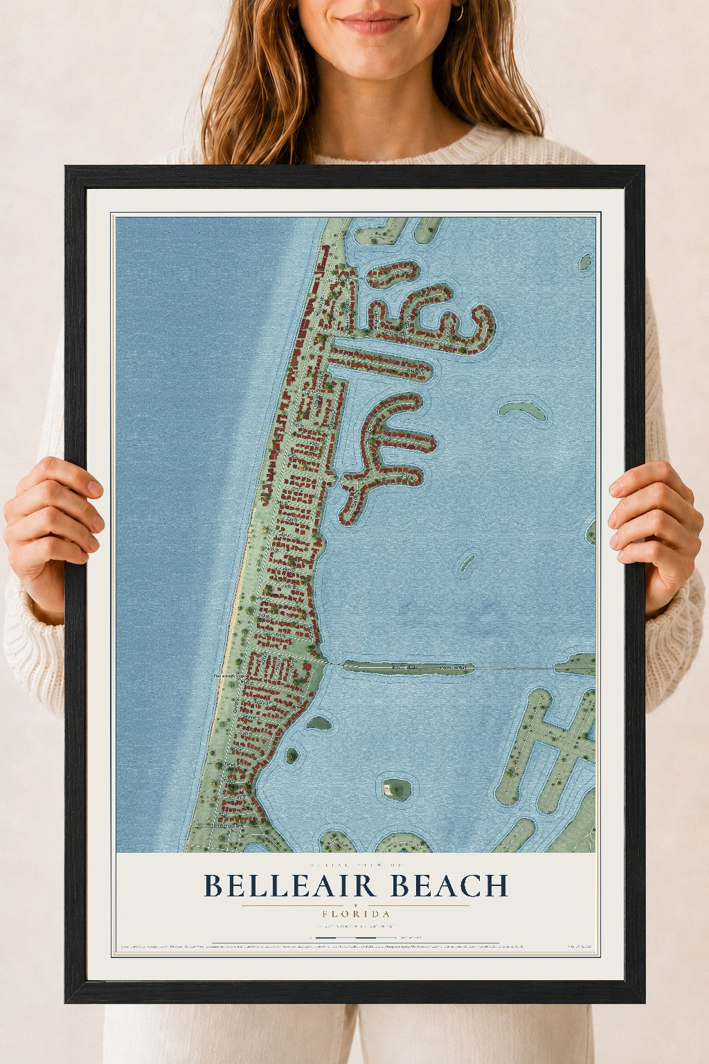Belleair Beach, Florida map print, 18" x 24" W/ Black Ayous Wood Frame mockup