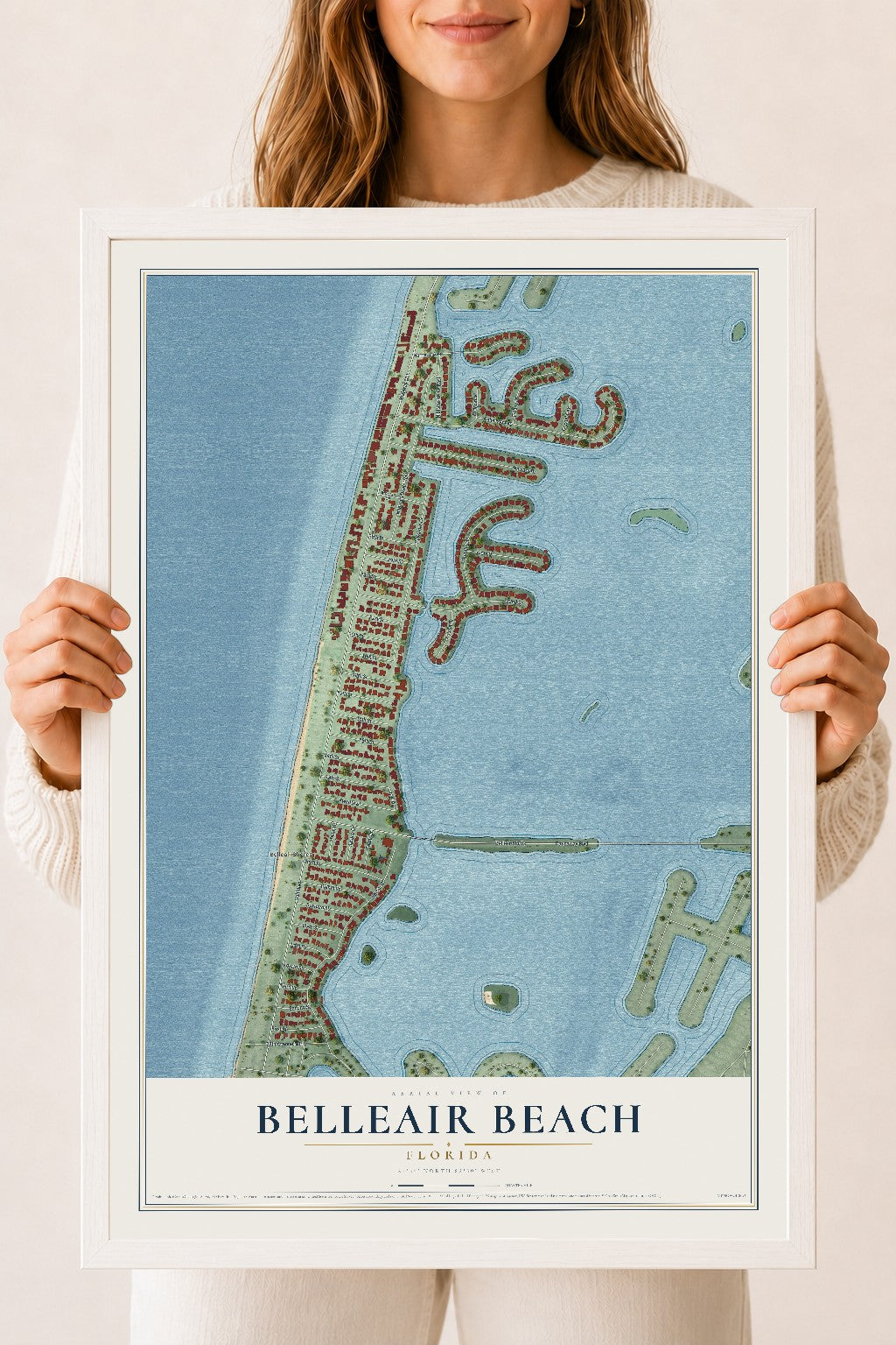 Belleair Beach, Florida map print, 18" x 24" W/ White Ayous Wood Frame mockup