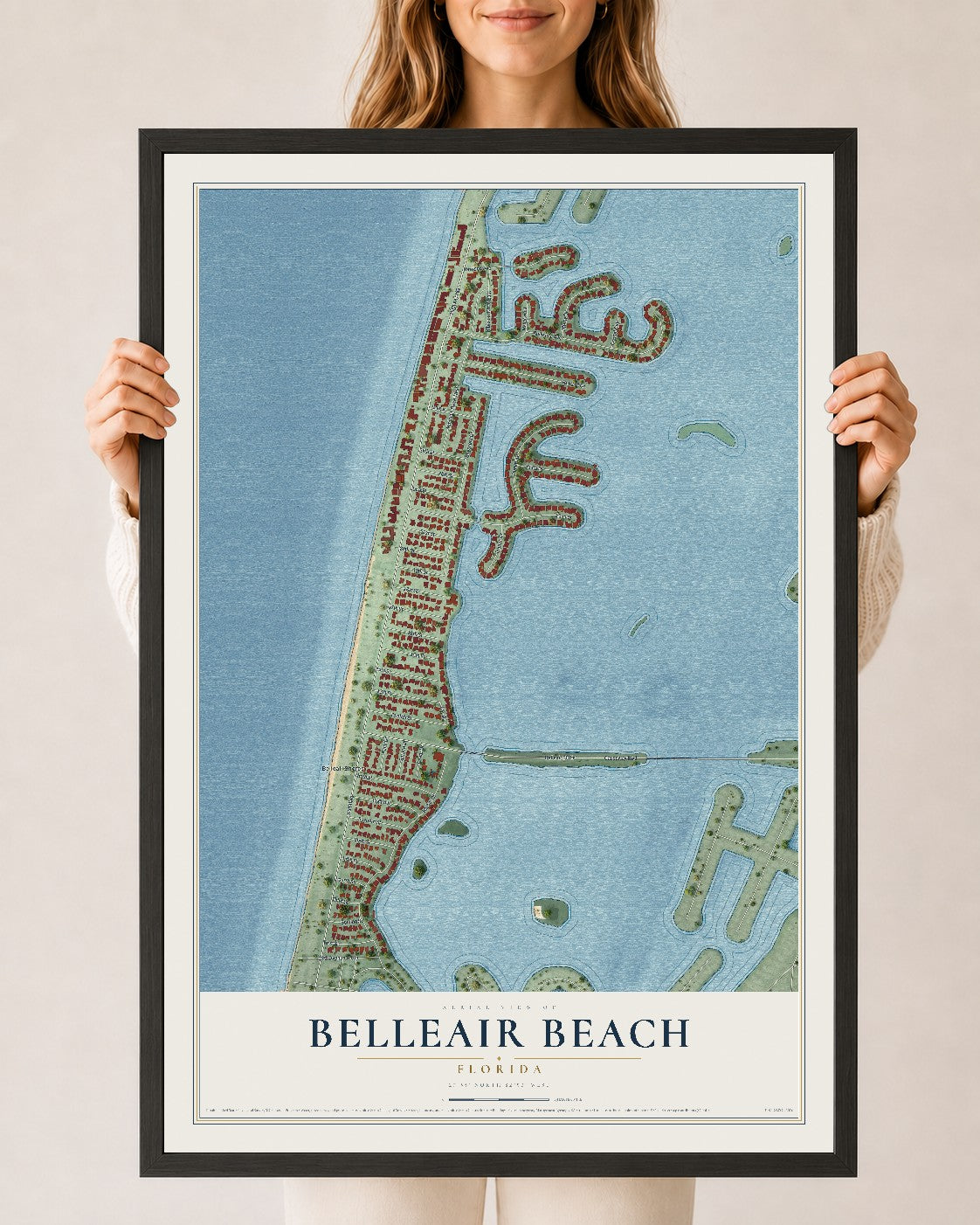 Belleair Beach, Florida map print, 24" x 36" W/ Black Ayous Wood Frame mockup