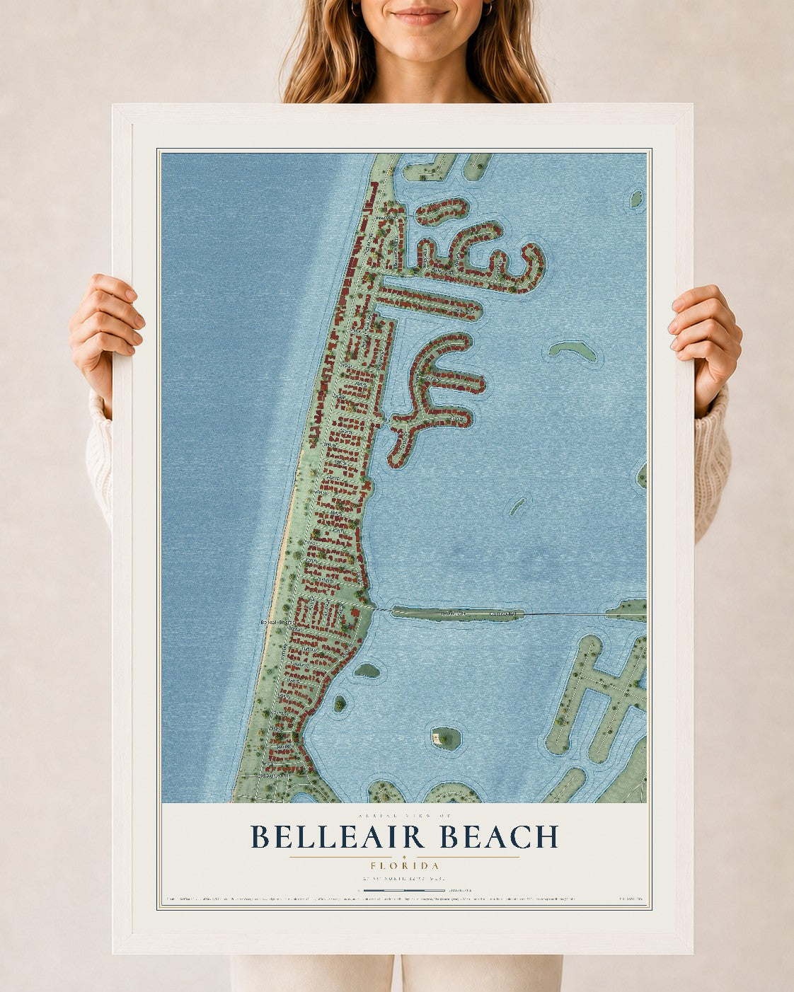 Belleair Beach, Florida map print, 24" x 36" W/ White Ayous Wood Frame mockup