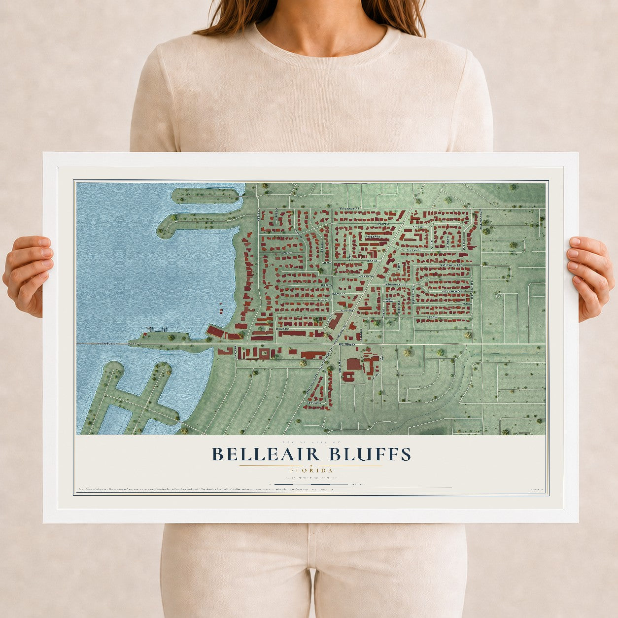 Belleair Bluffs, Florida map print, 12" x 18" W/ White Ayous Wood Frame mockup