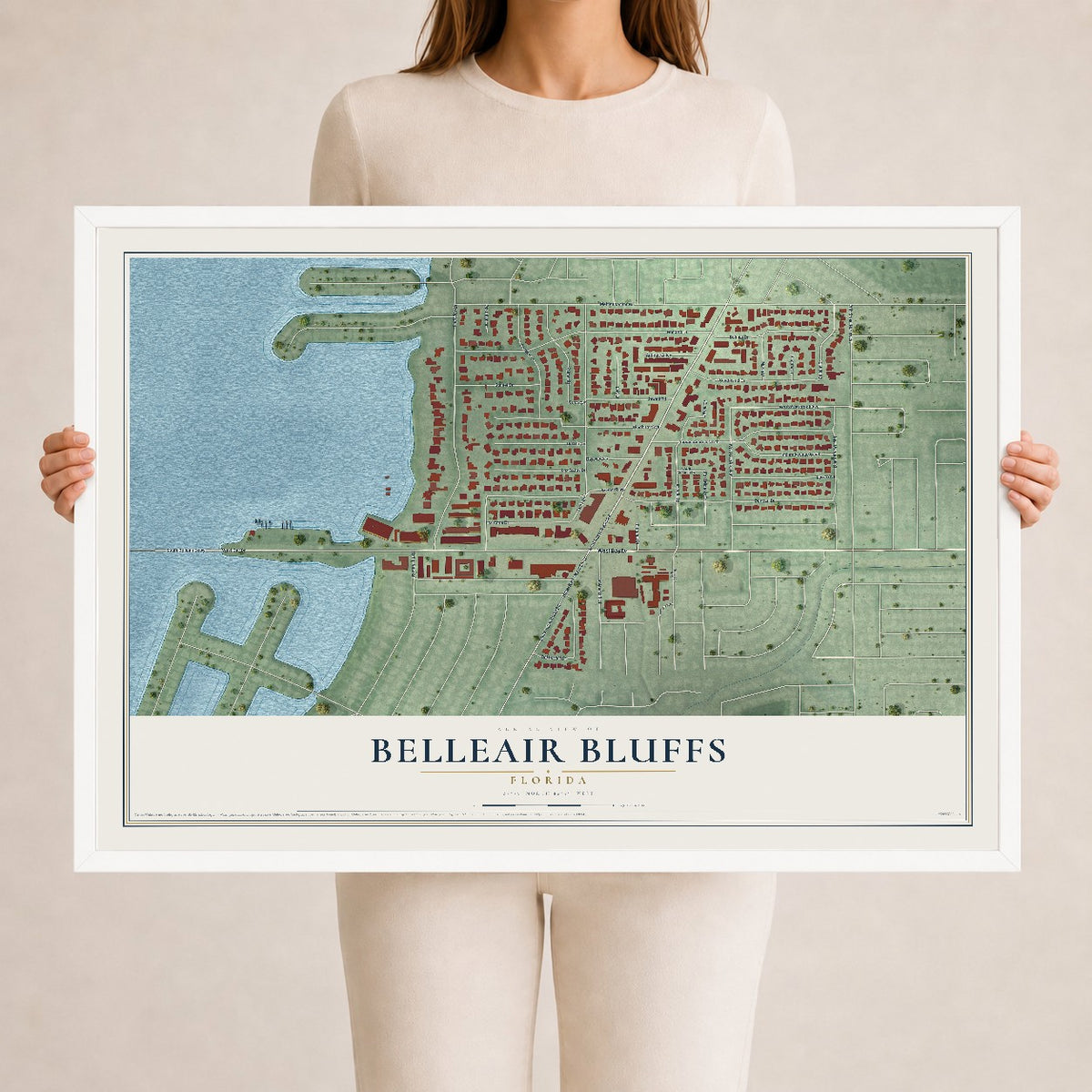 Belleair Bluffs, Florida map print, 24" x 36" W/ White Ayous Wood Frame mockup