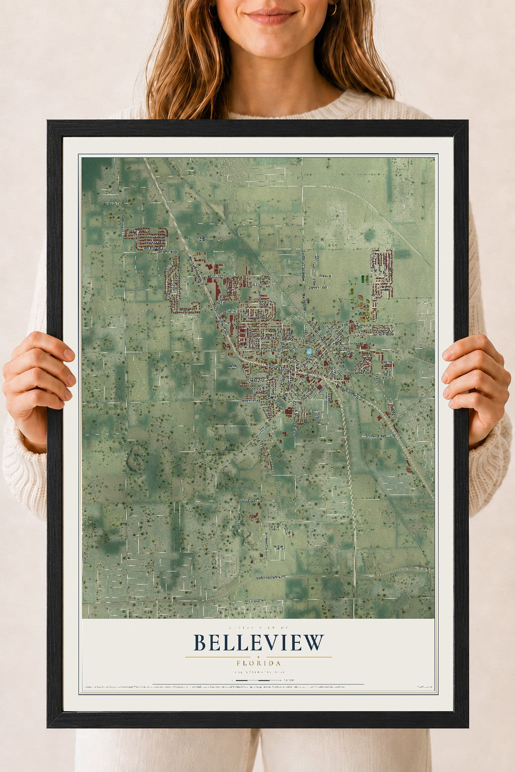 Belleview, Florida map print, 18" x 24" W/ Black Ayous Wood Frame mockup
