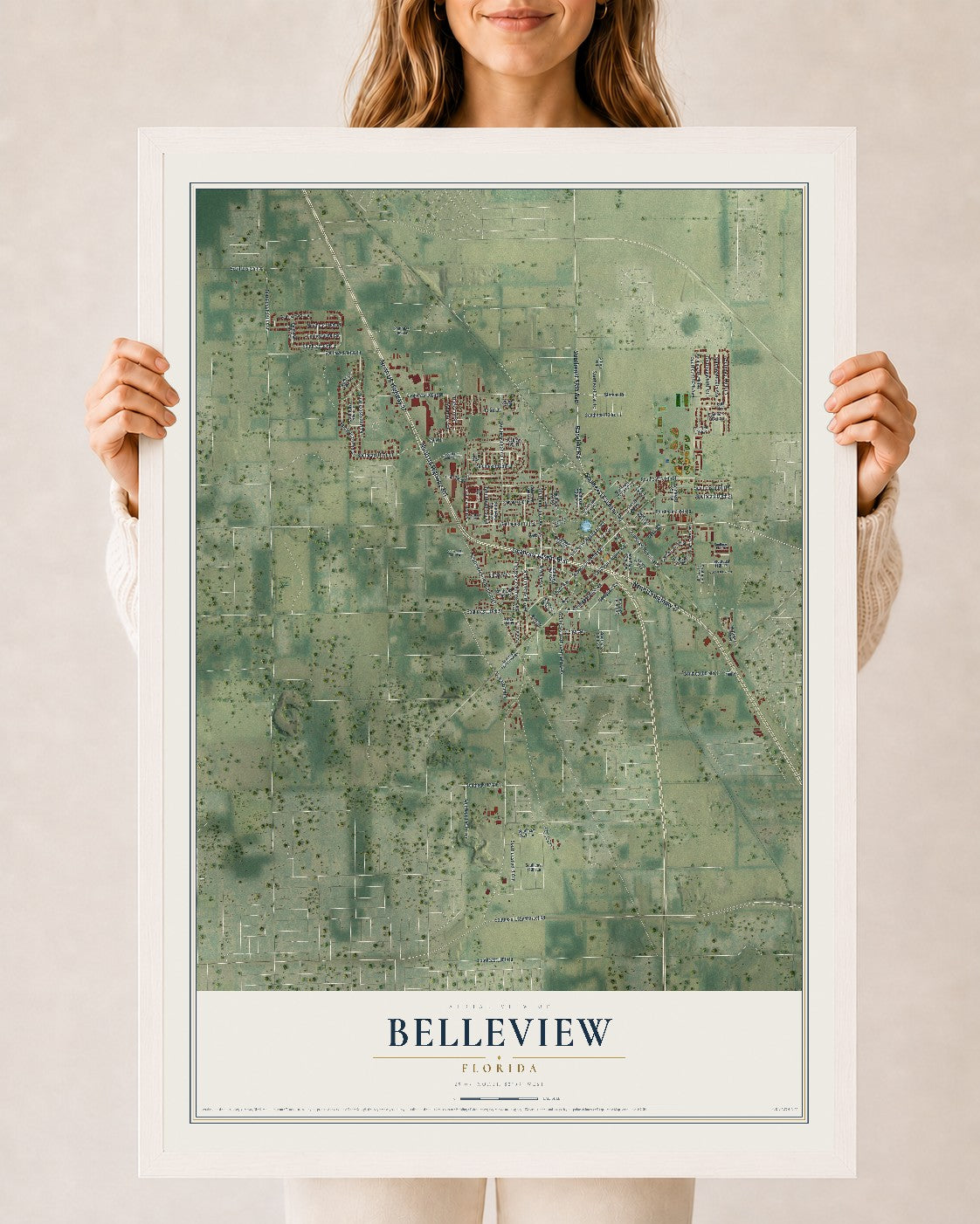 Belleview, Florida map print, 24" x 36" W/ White Ayous Wood Frame mockup