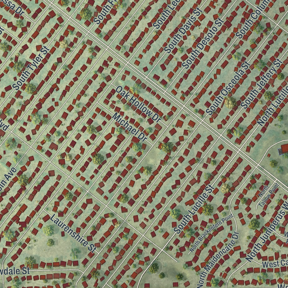 Close-up of the map of Beverly Hills, Florida print showing street and building detail