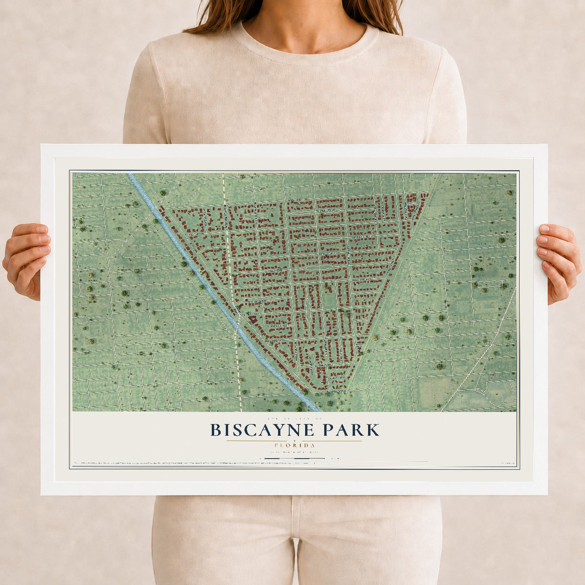 Biscayne Park, Florida map print, 12" x 18" W/ White Ayous Wood Frame mockup