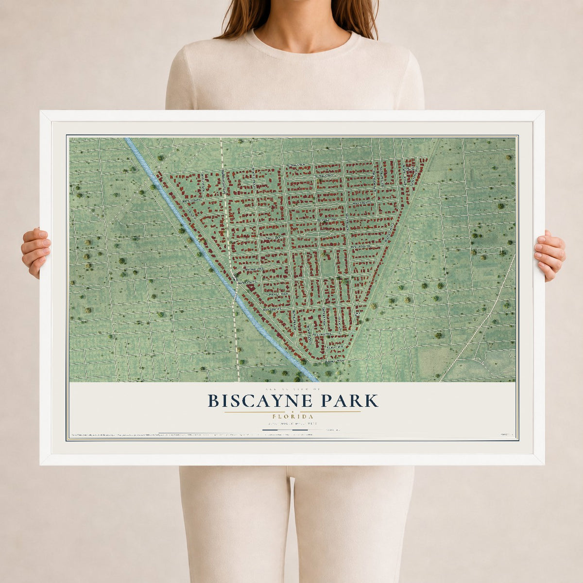 Biscayne Park, Florida map print, 24" x 36" W/ White Ayous Wood Frame mockup