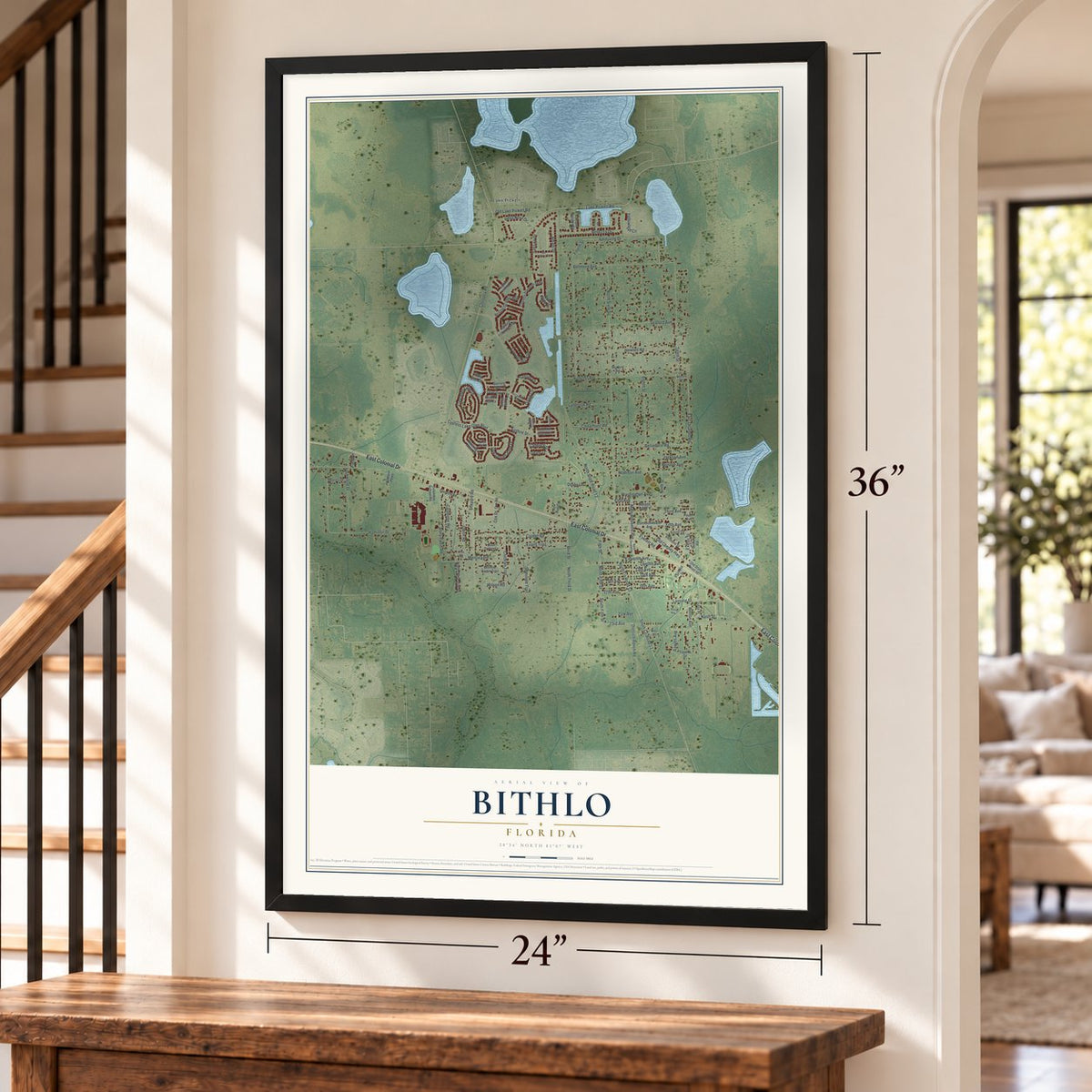 Bithlo, Florida map, 24 x 36 inch print in a black frame by a staircase