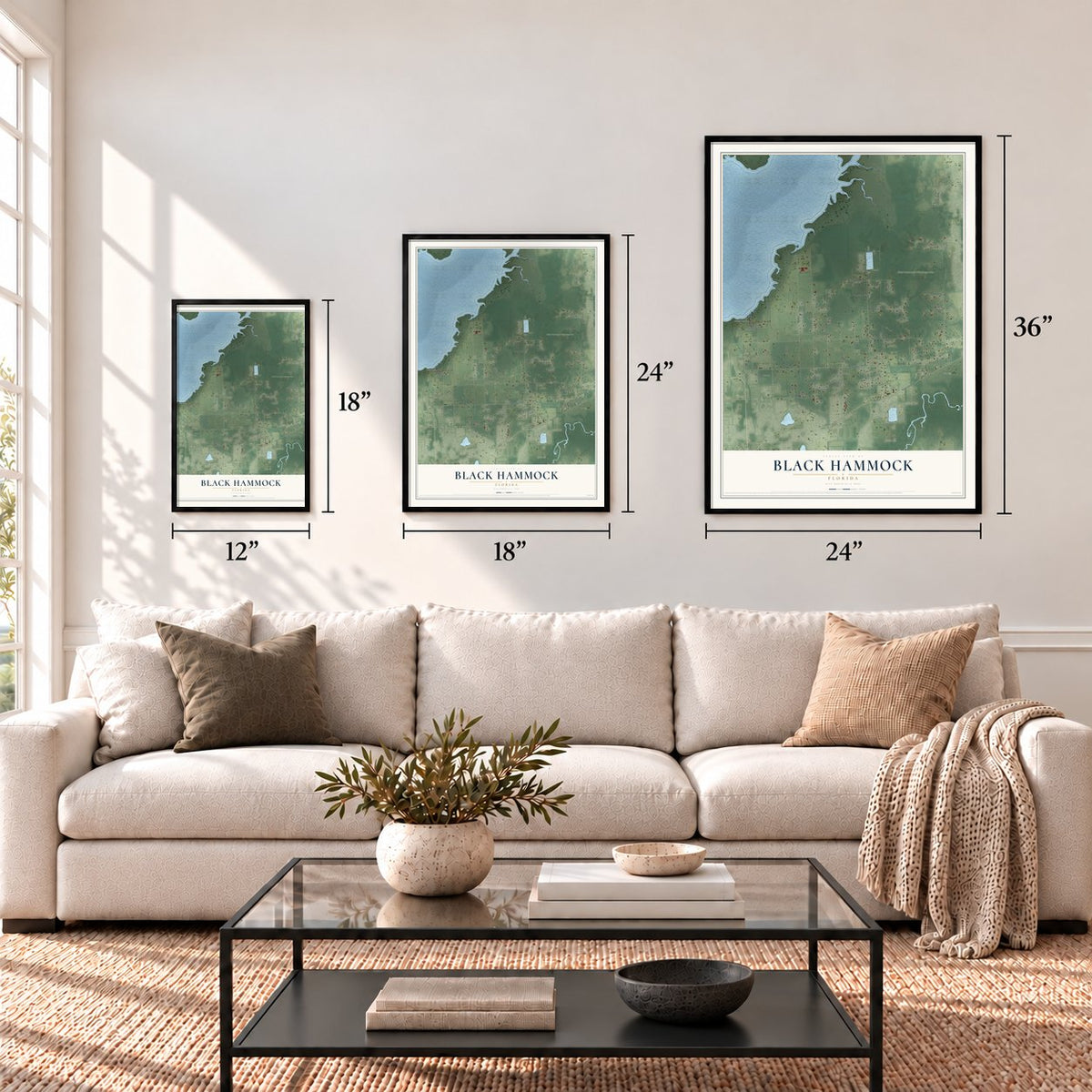 Black Hammock, Florida map in 12 x 18, 18 x 24 and 24 x 36 inch sizes above a sofa