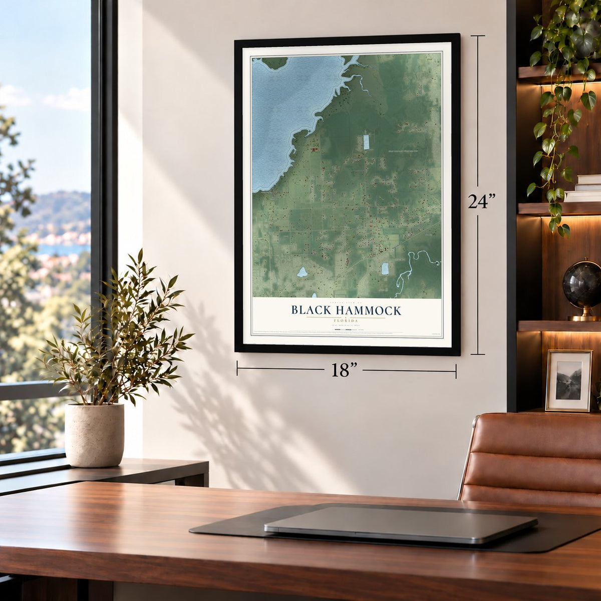 Black Hammock, Florida map, 18 x 24 inch print in a black frame in a home office