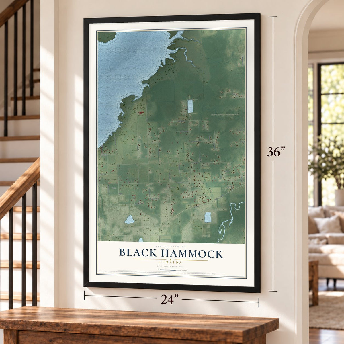Black Hammock, Florida map, 24 x 36 inch print in a black frame by a staircase