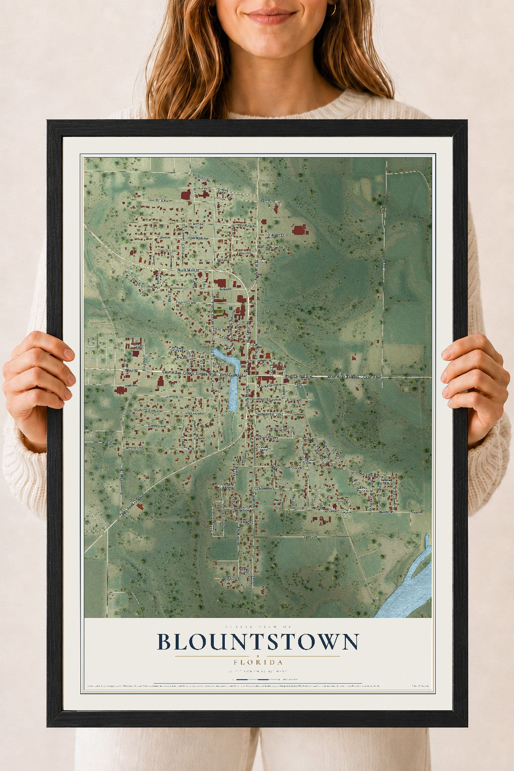 Blountstown, Florida map print, 18" x 24" W/ Black Ayous Wood Frame mockup