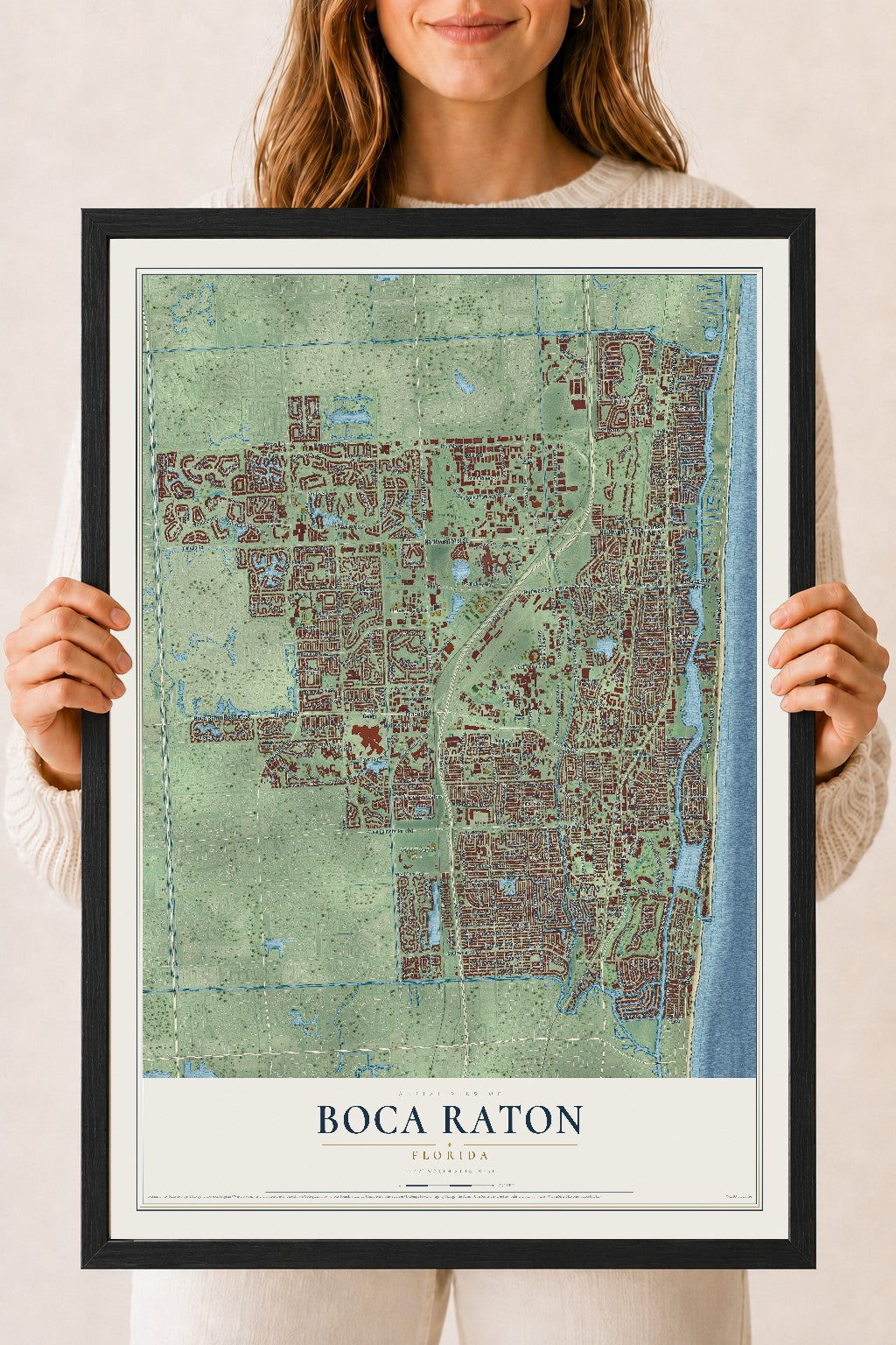 Boca Raton, Florida map print, 18" x 24" W/ Black Ayous Wood Frame mockup