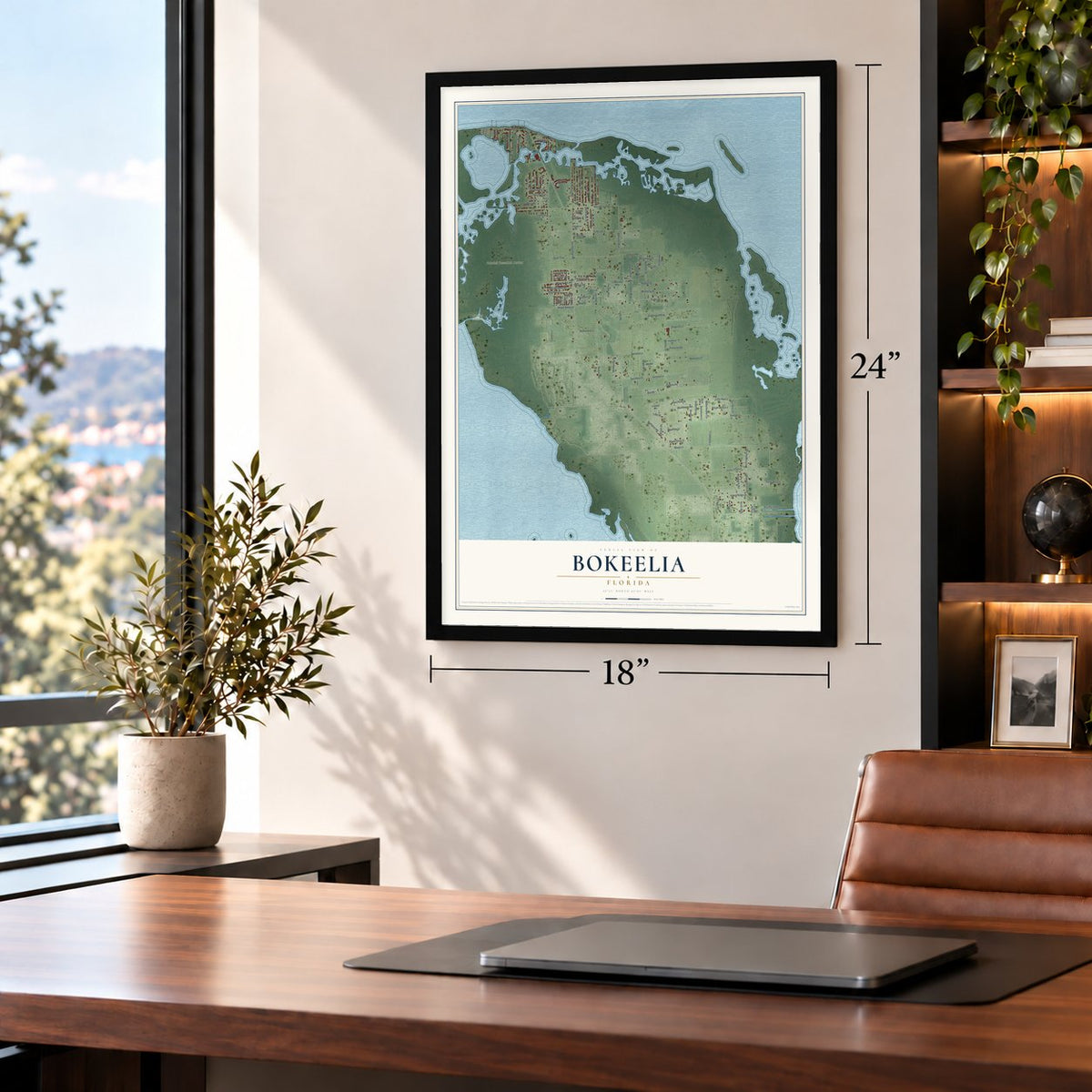 Bokeelia, Florida map, 18 x 24 inch print in a black frame in a home office