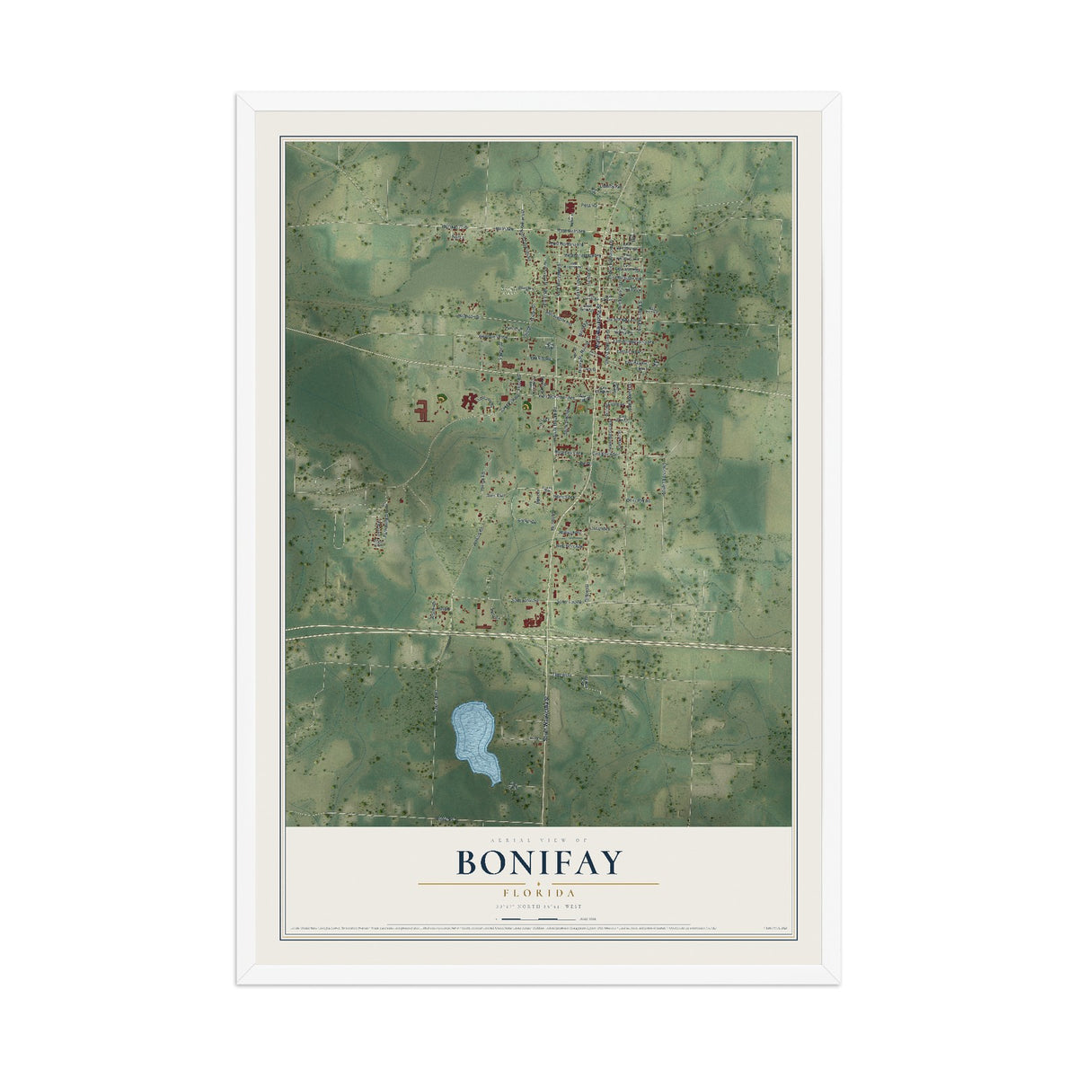 Bonifay, Florida map print, 12" x 18" W/ White Ayous Wood Frame mockup