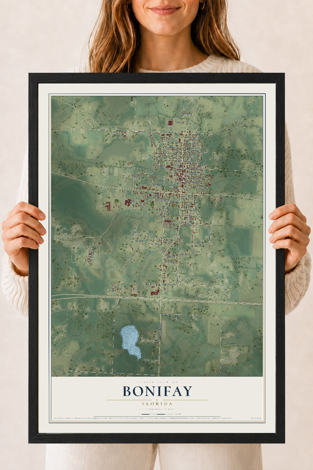 Bonifay, Florida map print, 18" x 24" W/ Black Ayous Wood Frame mockup