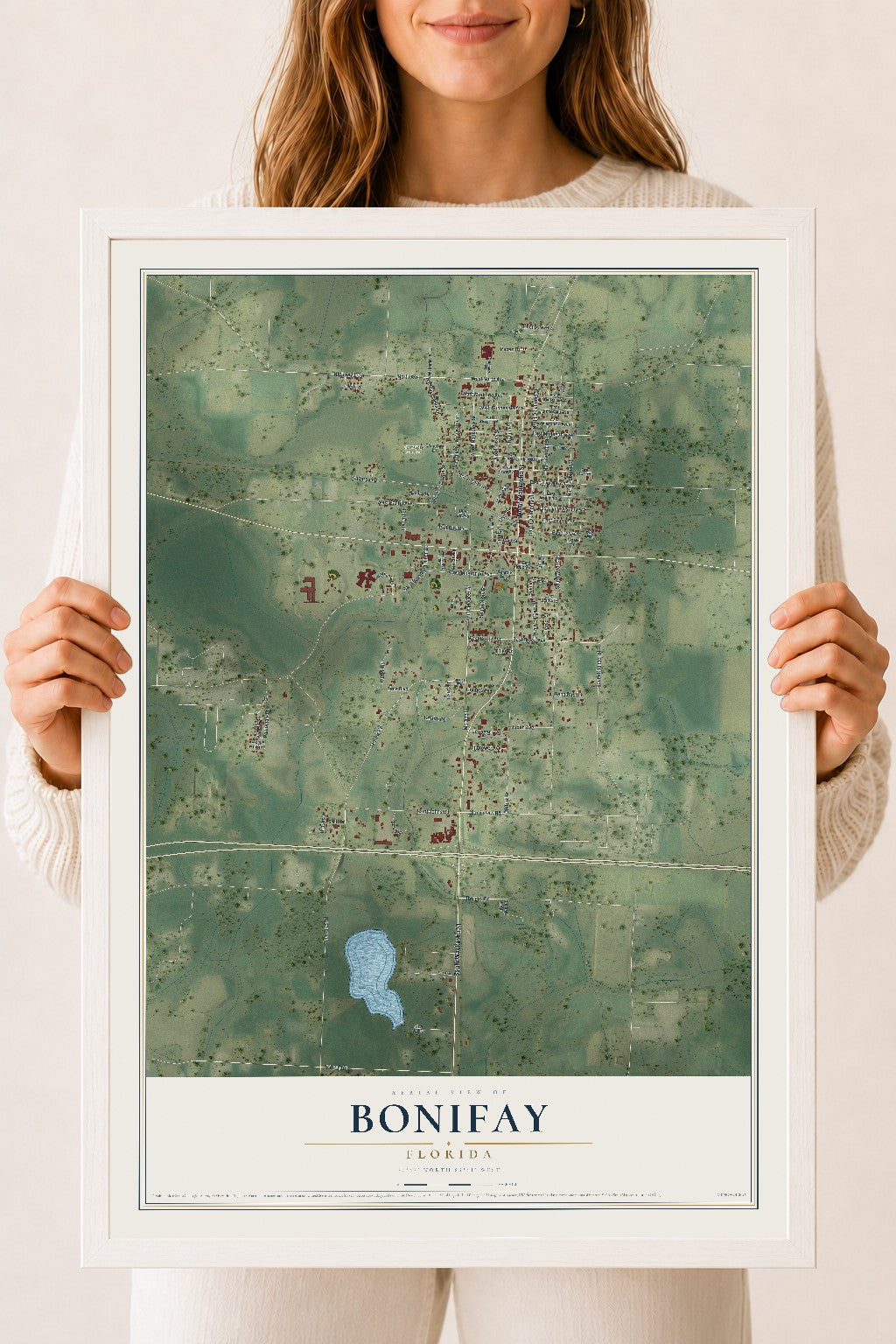 Bonifay, Florida map print, 18" x 24" W/ White Ayous Wood Frame mockup