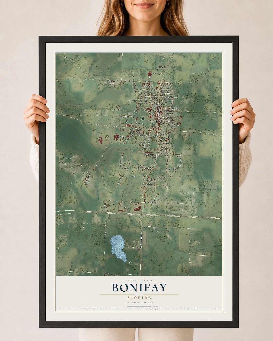 Bonifay, Florida map print, 24" x 36" W/ Black Ayous Wood Frame mockup