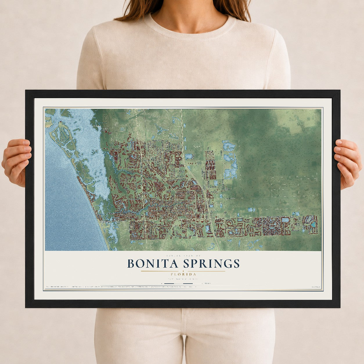 Bonita Springs, Florida map print, 12" x 18" W/ Black Ayous Wood Frame mockup