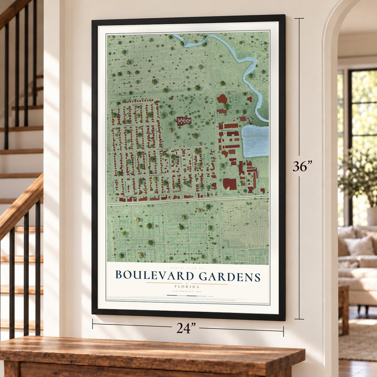 Boulevard Gardens, Florida map, 24 x 36 inch print in a black frame by a staircase