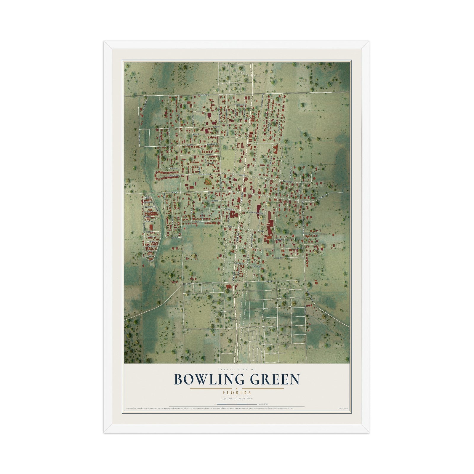 Bowling Green, Florida map print, 12" x 18" W/ White Ayous Wood Frame mockup