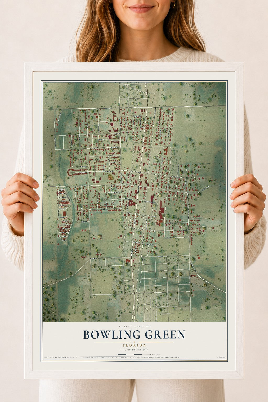 Bowling Green, Florida map print, 18" x 24" W/ White Ayous Wood Frame mockup