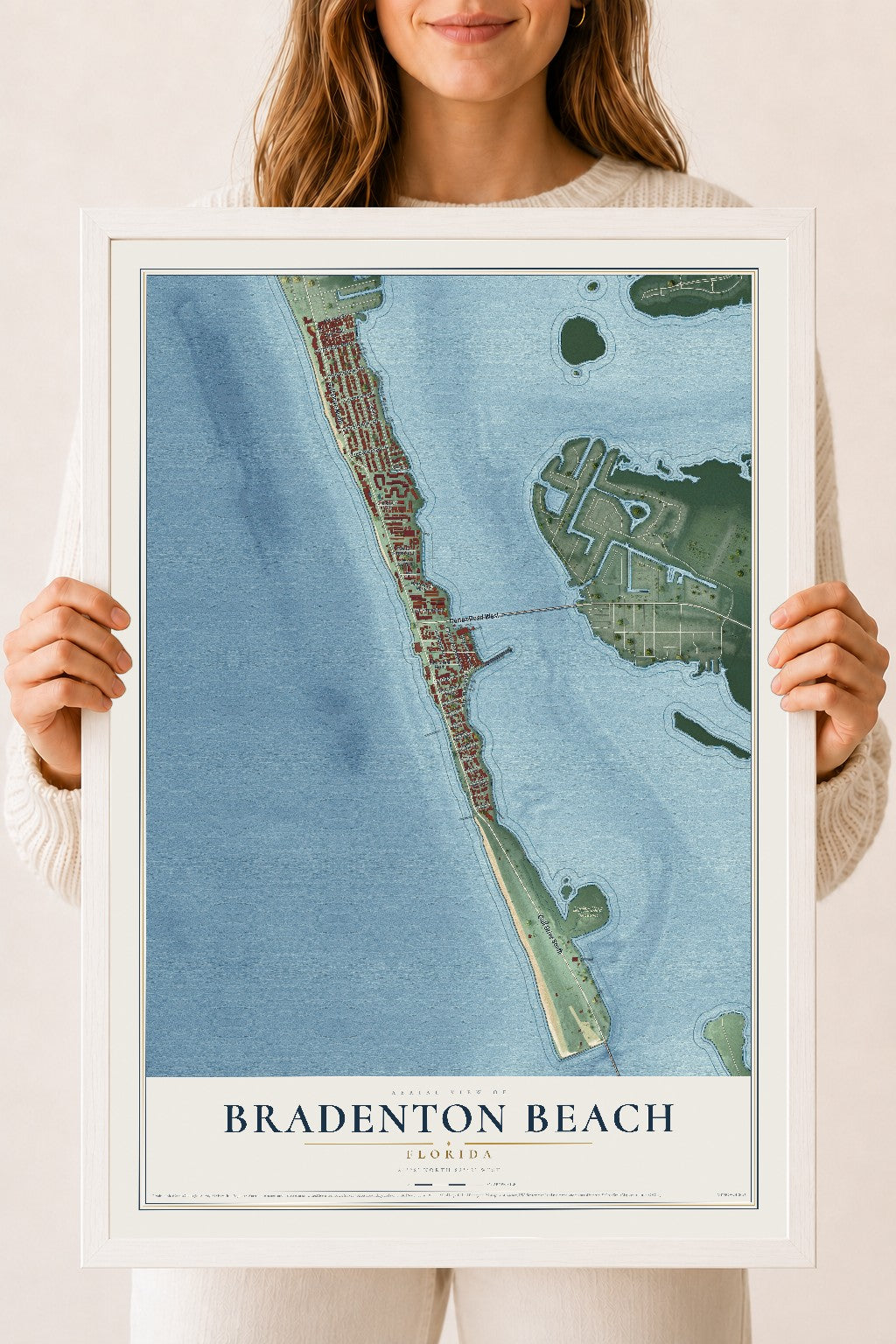 Bradenton Beach, Florida map print, 18" x 24" W/ White Ayous Wood Frame mockup