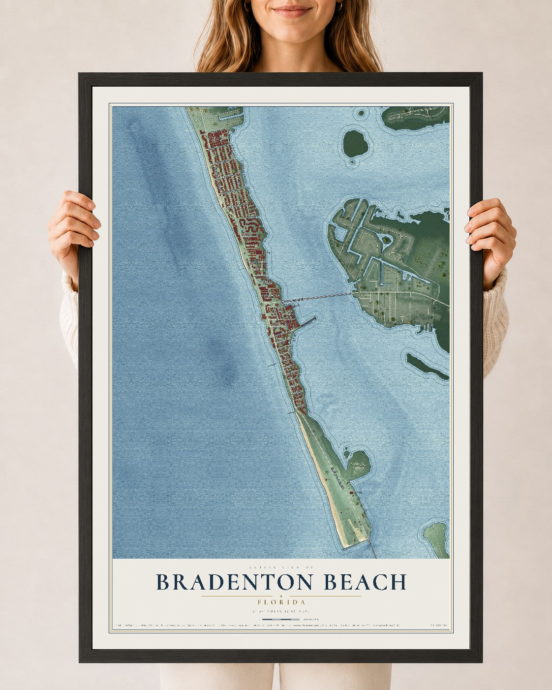 Bradenton Beach, Florida map print, 24" x 36" W/ Black Ayous Wood Frame mockup