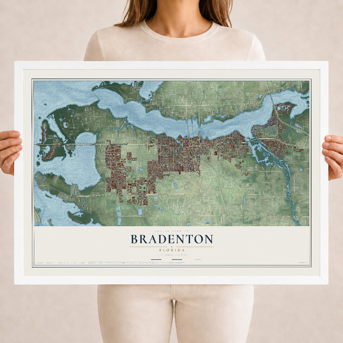 Bradenton, Florida map print, 18" x 24" W/ White Ayous Wood Frame mockup