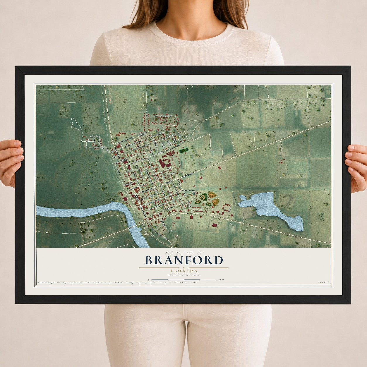 Branford, Florida map print, 18" x 24" W/ Black Ayous Wood Frame mockup