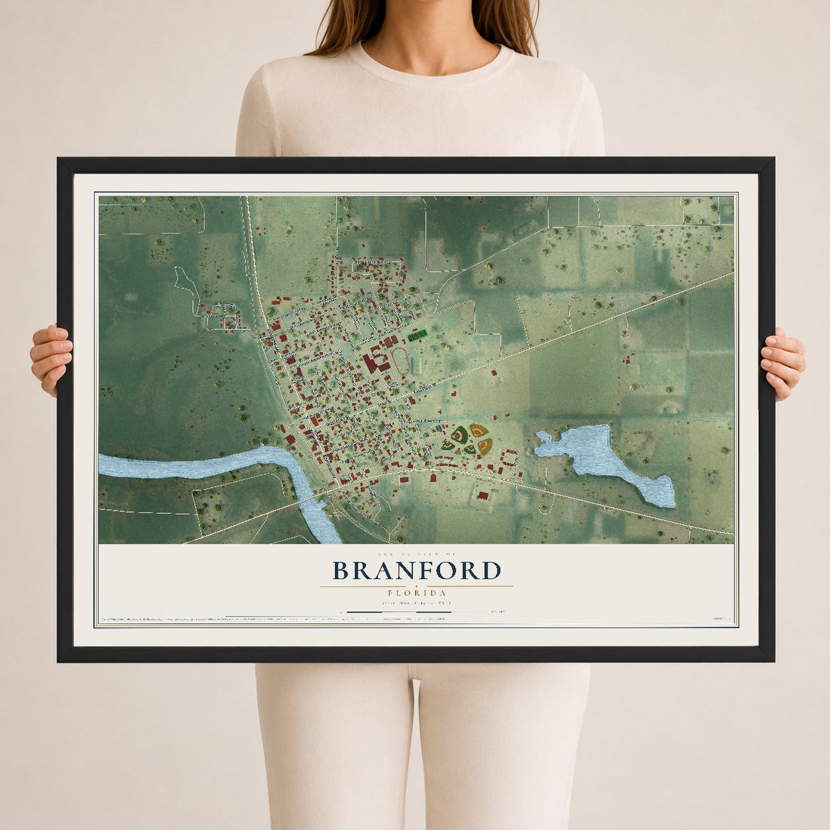 Branford, Florida map print, 24" x 36" W/ Black Ayous Wood Frame mockup