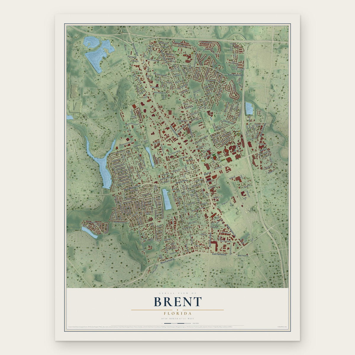 Brent, Florida map print, the full design