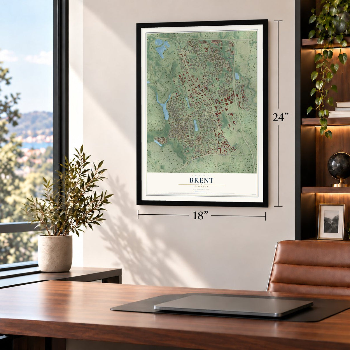 Brent, Florida map, 18 x 24 inch print in a black frame in a home office