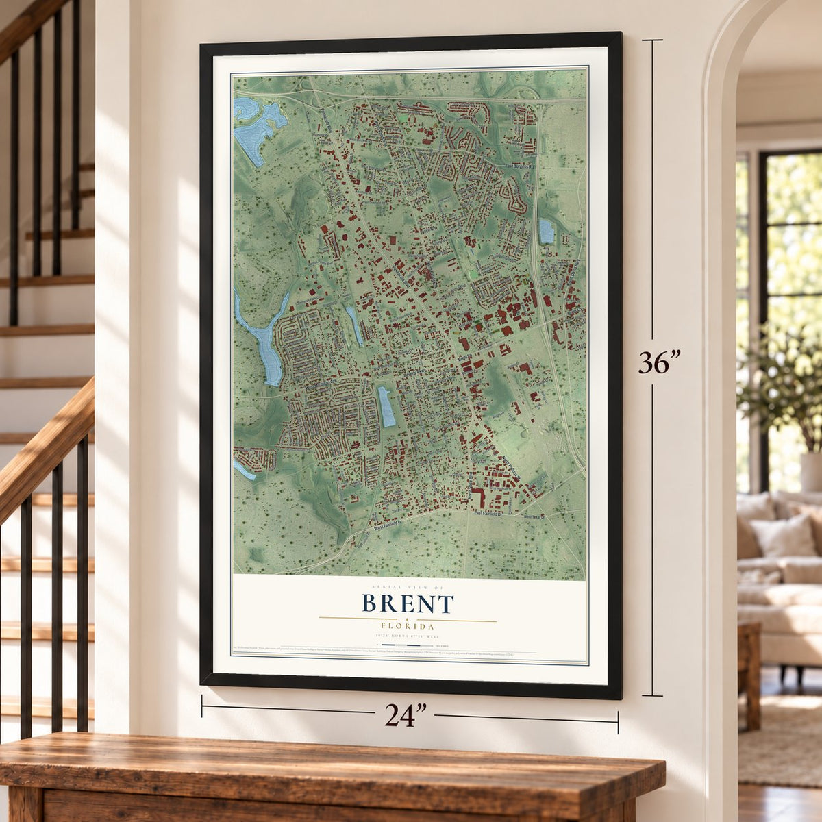Brent, Florida map, 24 x 36 inch print in a black frame by a staircase
