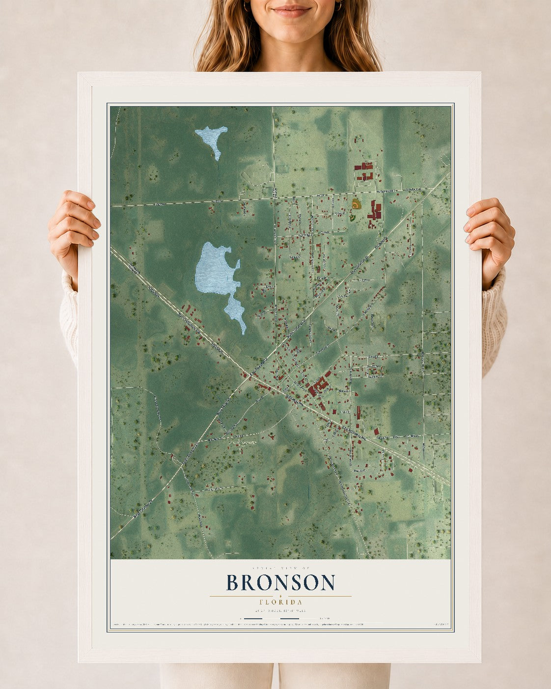 Bronson, Florida map print, 24" x 36" W/ White Ayous Wood Frame mockup