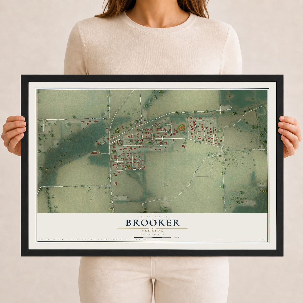 Brooker, Florida map print, 12" x 18" W/ Black Ayous Wood Frame mockup