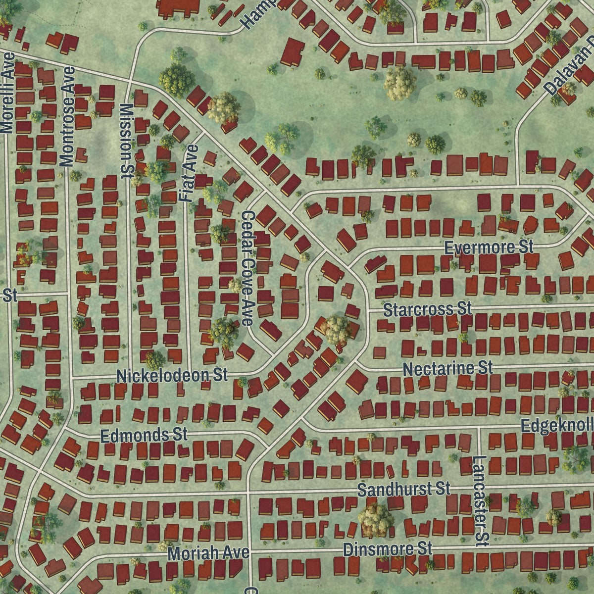 Close-up of the map of Brookridge, Florida print showing street and building detail