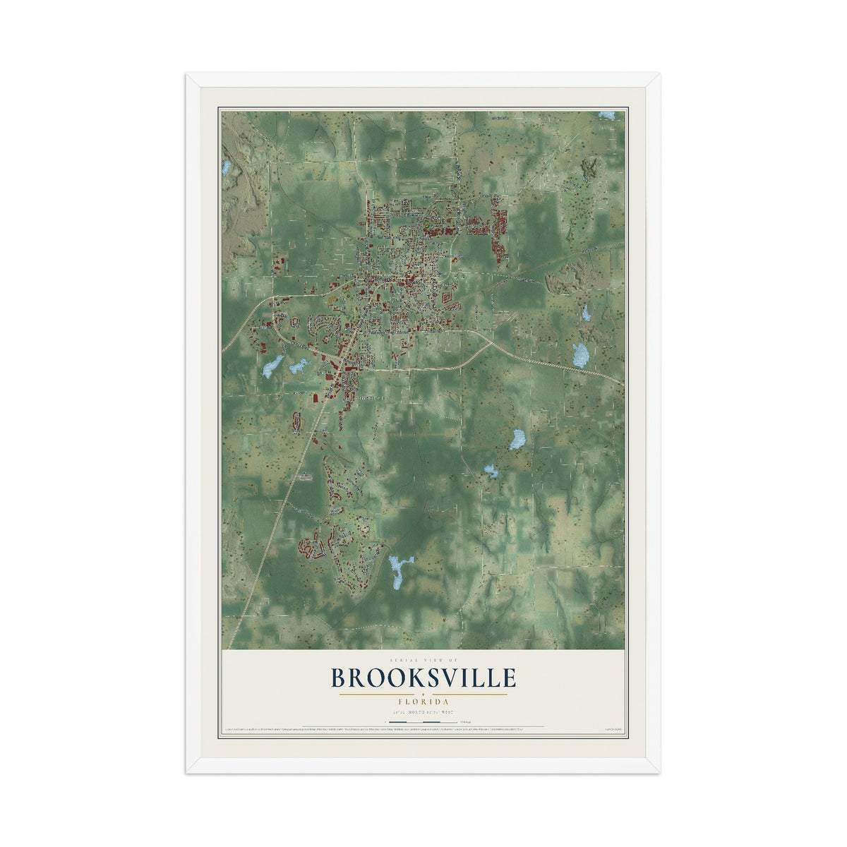 Brooksville, Florida map print, 12" x 18" W/ White Ayous Wood Frame mockup