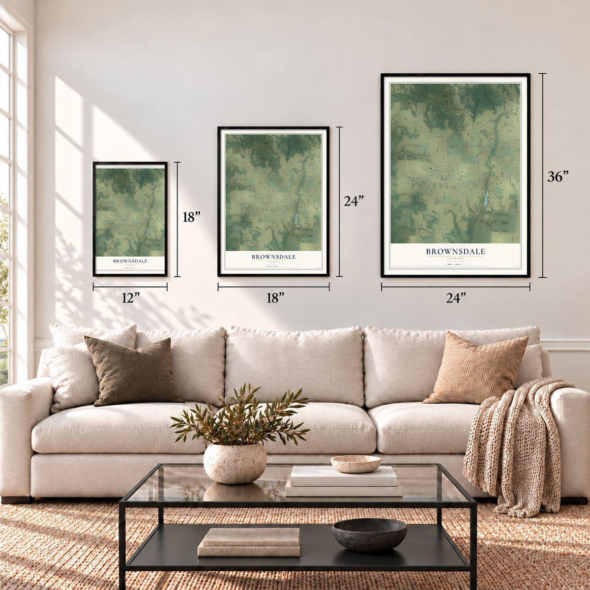 Brownsdale, Florida map in 12 x 18, 18 x 24 and 24 x 36 inch sizes above a sofa