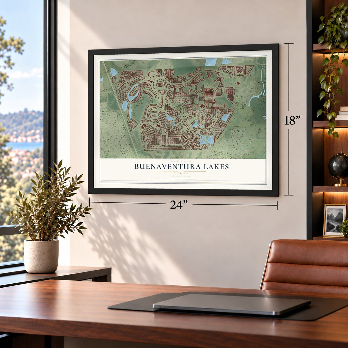 Buenaventura Lakes, Florida map, 18 x 24 inch print in a black frame in a home office